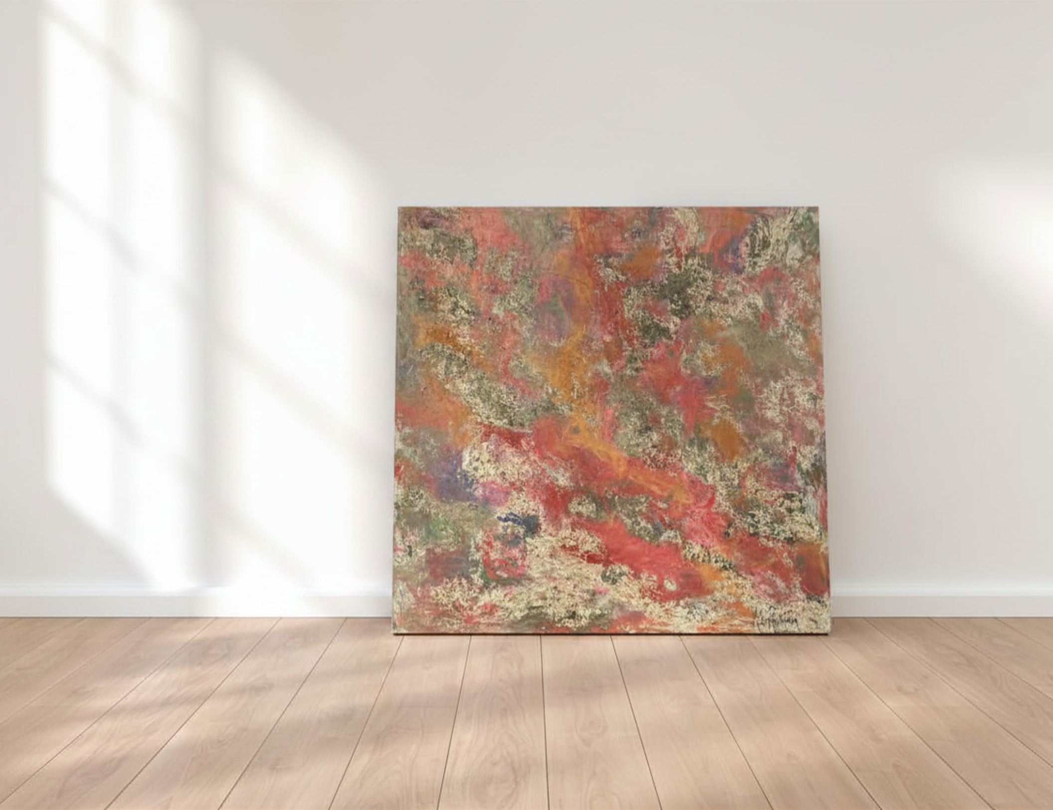 Rosens vila i sanden – Stor canvas tavla i akryl med röda toner | 100x100 cm