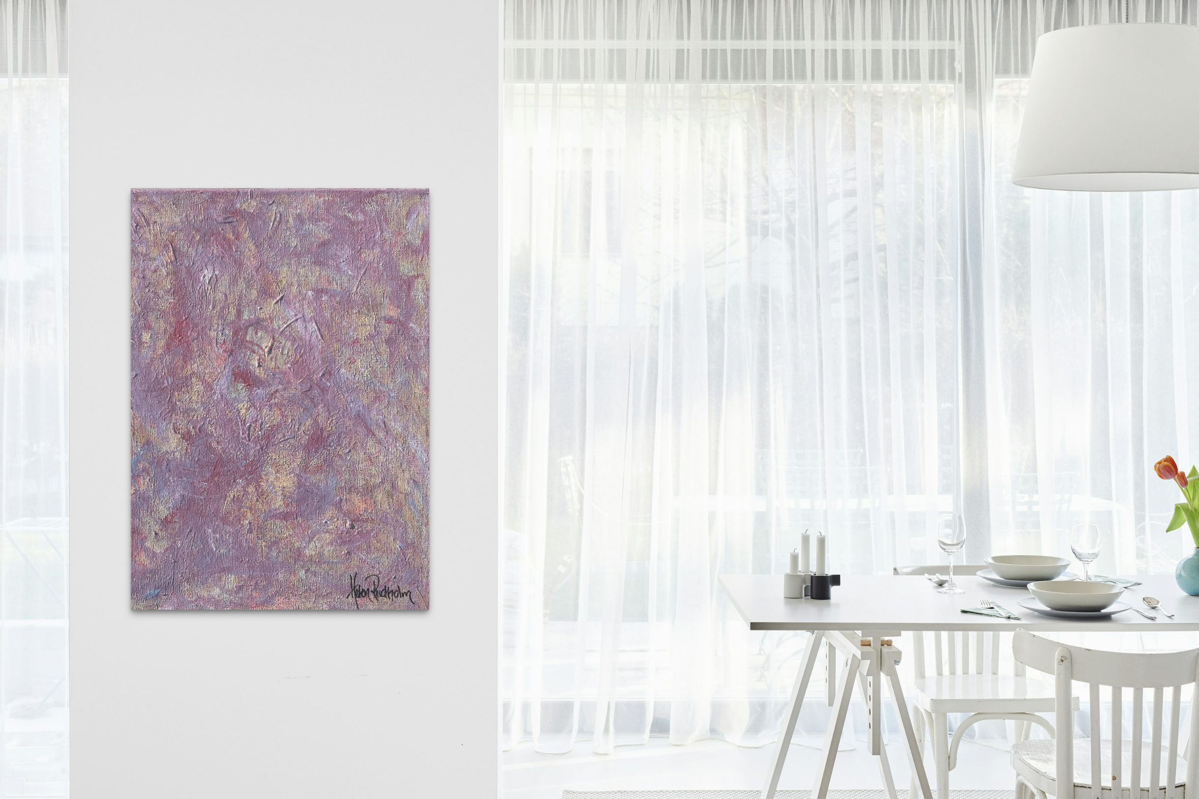 Viskningar genom slöjan – Lila och guld canvas tavla 40x50 cm | Handmålad akrylkonst