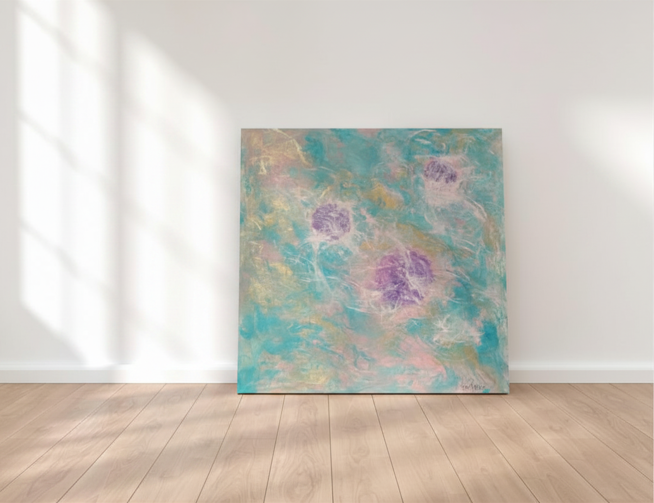 Själens Blomning – Turkos canvas tavla 100x100 cm | Handmålad akrylkonst intuition